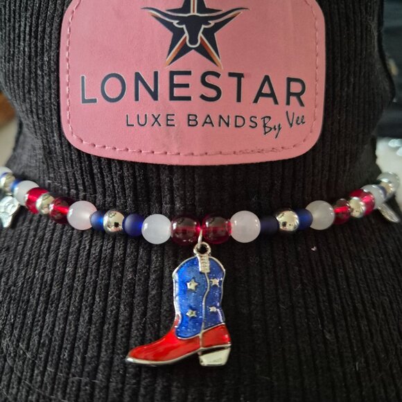 Americana Western Hat Band Beaded Red White Blue with Boot Pendant - Picture 4 of 4